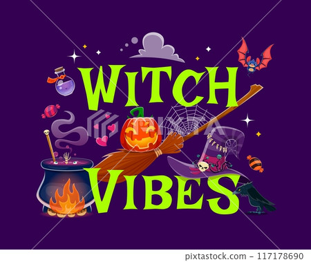 Halloween quote Witch Vibes for holiday horror night with witch potion cauldron, cartoon vector. Spooky pumpkin lantern with broom and magic potion bottle and spiderweb for trick or treat t-shirt Halloween quote Witch Vibes for holiday horror night with witch potion cauldron, cartoon vector. Spooky pumpkin lantern with broom and magic potion bottle and spiderweb for trick or treat t-shirt 117178690