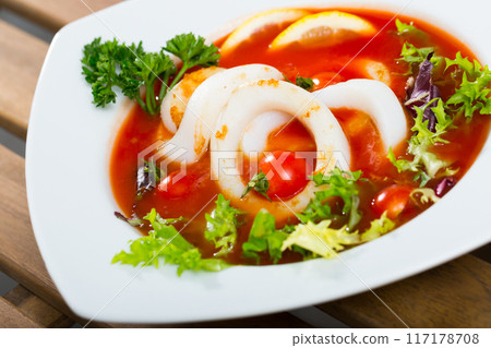 Tomato soup with squid is tasty dish 117178708