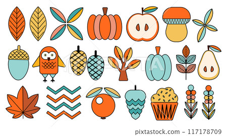 Simple autumn cozy set. Autumn stickers. Cozy elements of autumn season clipart set isolated 117178709