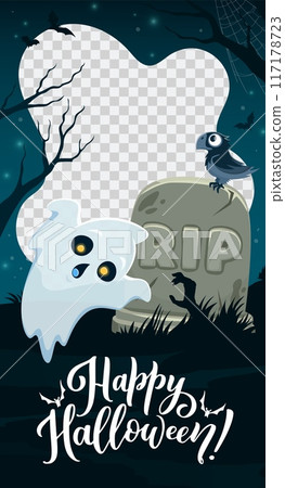 Halloween social media frame template, featuring cute spooky ghost frolicking in a cemetery, adding a playful touch to your posts. Vector vertical border, perfect for capturing the festive spirit 117178723