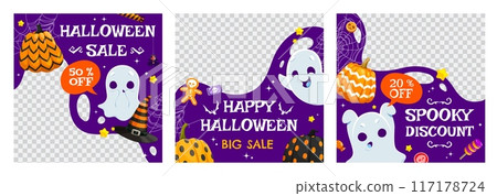 Halloween sale banner templates with cute kawaii ghosts and colorful pumpkins, vector backgrounds. Halloween holiday discount stickers for shop window with monster candy sweets and boo ghost character 117178724