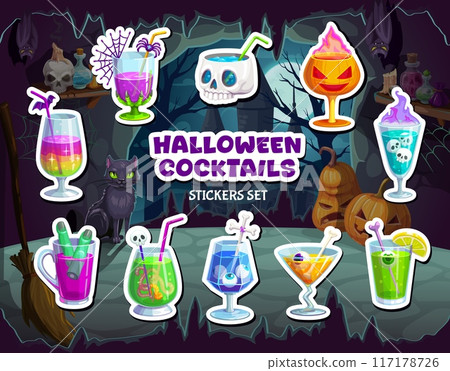 Halloween cocktails stickers pack. Cartoon vibrant patches set featuring drinks adorned with eerie skulls, eyeballs, spiders, and flames at spooky background with black cat, pumpkins and haunted house 117178726