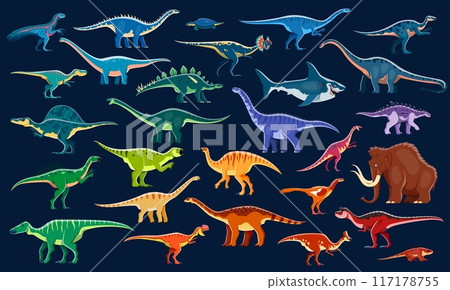 Color cartoon prehistoric dinosaurs vector set. Colorful dino species, terrestrial or aquatic carnivores, omnivores, herbivores and mammoth with vibrant colors. Ancient reptiles from Jurassic era 117178755