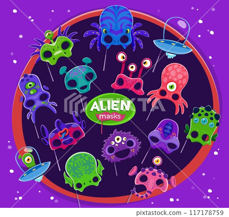 UFO alien photo booth and carnival masks or props, vector kids space birthday party. Cartoon funny monster faces, cute little extraterrestrial astronaut heads and alien UFO ships photo booth masks set UFO alien photo booth and carnival masks or props, vector kids space birthday party. Cartoon funny monster faces, cute little extraterrestrial astronaut heads and alien UFO ships photo booth masks set 117178759
