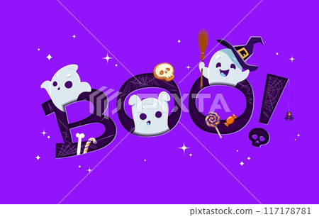 Halloween paper cut boo banner with kawaii ghost characters and holiday sweets. Cartoon funny flying ghosts and spirits vector personages with witch hat and broom, 3d papercut boo, candies and cookies 117178781