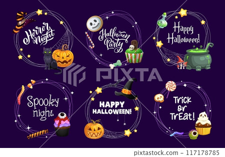 Halloween holiday frames with sweets, witch hat and pumpkins, vector cartoon borders. Halloween spooky horror night frames with candy skull, eye lollipop and ghost cupcake with potion cauldron Halloween holiday frames with sweets, witch hat and pumpkins, vector cartoon borders. Halloween spooky horror night frames with candy skull, eye lollipop and ghost cupcake with potion cauldron 117178785