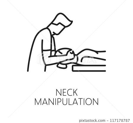 Chiropractic medicine icon of neck manipulation for chiropractor therapy, vector line pictogram. Chiropractic medical treatment and body orthopedic physiotherapy icon of neck massage or stretching 117178787
