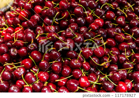 Food background, ripe cherries Food background, ripe cherries 117178927