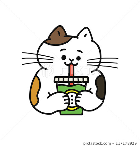 Smiling cat drinking a drink 117178929