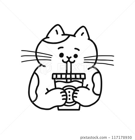 Smiling cat drinking a drink - Line drawing Smiling cat drinking a drink - Line drawing 117178930