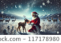 Santa Claus stroking a reindeer in the snow 117178980