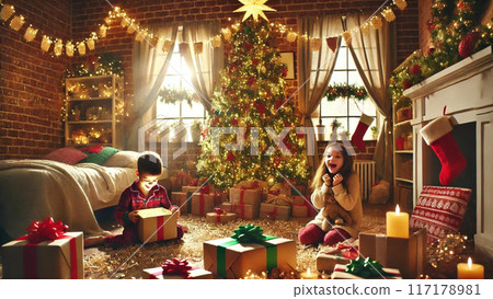孩子們打開聖誕禮物 117178981