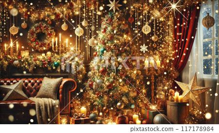 Christmas tree decorated in the room Christmas tree decorated in the room 117178984