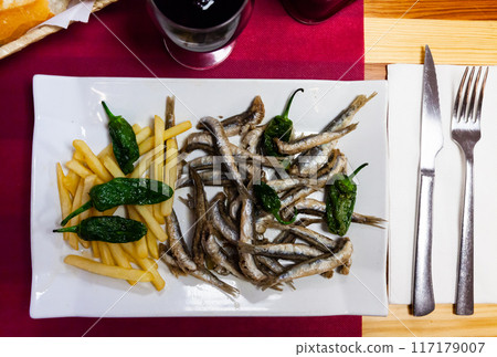 Anchovies with fries and jalapenos 117179007