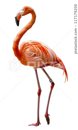 An adorable flamingo in orange and white shades. A pink flamingo gracefully balances on its hind legs. showcasing its elegant feathers and unique stance. An adorable flamingo in orange and white shades. A pink flamingo gracefully balances on its hind legs. showcasing its elegant feathers and unique stance. 117179208