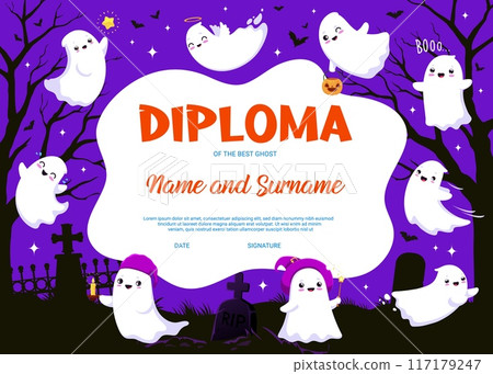 Kids holiday diploma, Halloween kawaii ghost characters on cemetery. Vector certificate or diploma of the best ghost, preschool and kindergarten trick or treat party award with funny spirits and bats Kids holiday diploma, Halloween kawaii ghost characters on cemetery. Vector certificate or diploma of the best ghost, preschool and kindergarten trick or treat party award with funny spirits and bats 117179247