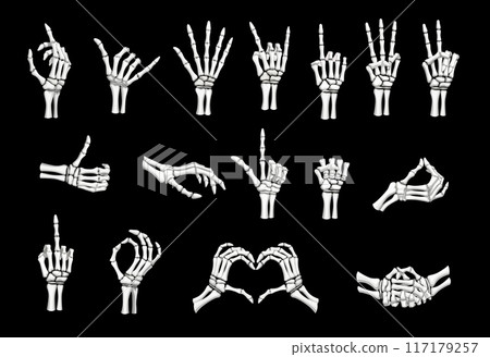 Skeleton hand gestures. Vector Halloween human skull finger bones showing peace, rock, ok, heart and love signs. Index finger pointing up, shaka, thumb up, fist, handshake and high five hand gestures 117179257