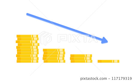 堆疊硬幣和箭頭向右下方減少的圖表 - 貨幣減少、貶值和省錢的圖像 117179319