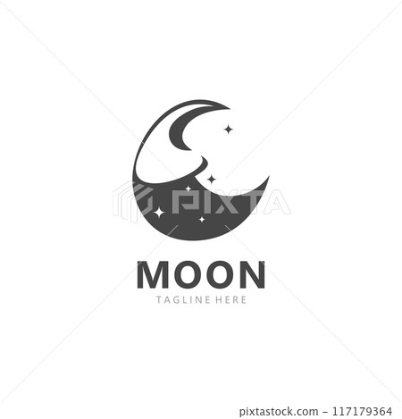 Moon elegant crescent and star logo design line in simple style outline background template 117179364