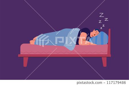 Young man lying in the bed and snores loudly with open mouth, releases zzz, vector male character with snore problem Young man lying in the bed and snores loudly with open mouth, releases zzz, vector male character with snore problem 117179486