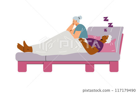 Elderly multinational couple in bed at night, snoring, insomnia, vector woman suffering because of snoring husband 117179490
