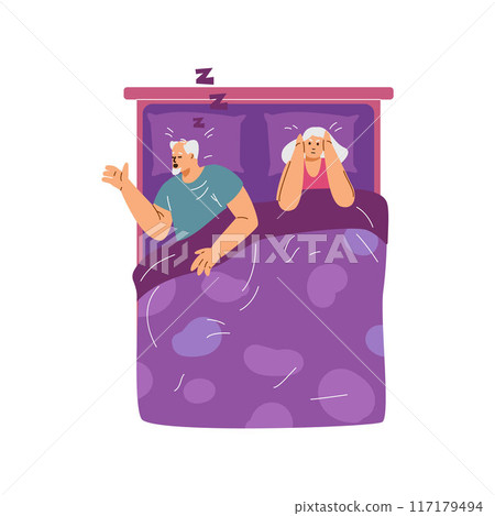 Elderly couple in bed at night, snoring, insomnia, vector woman suffering because of snoring husband and covering ears 117179494