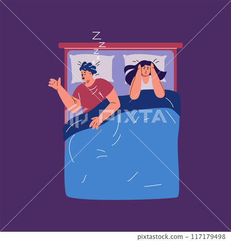 Snoring man and upset woman in bed. Isolated background. Snoring man and upset woman in bed. Isolated background. 117179498