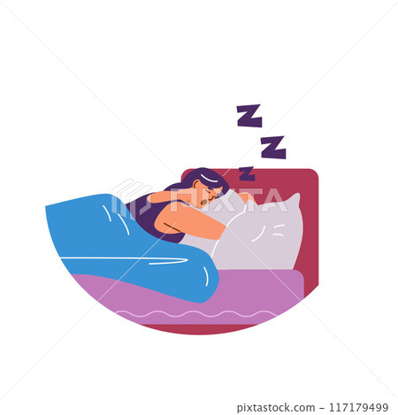 Vector illustration of a woman sleeping and snoring in her sleep. 117179499