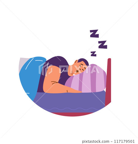 Snoring man in bed, vector image in flat style. Isolated background. Snoring man in bed, vector image in flat style. Isolated background. 117179501