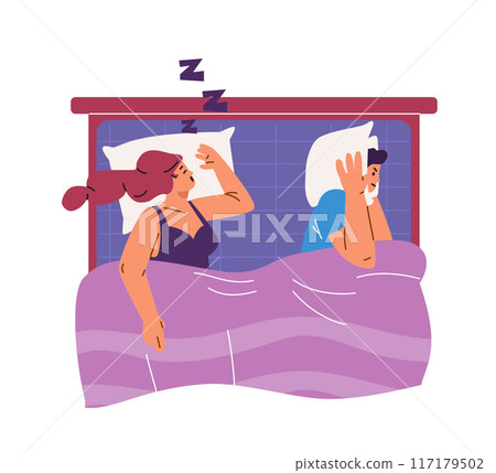 Vector drawing of a woman and a man in bed depicting common sleep apnea scenes Vector drawing of a woman and a man in bed depicting common sleep apnea scenes 117179502