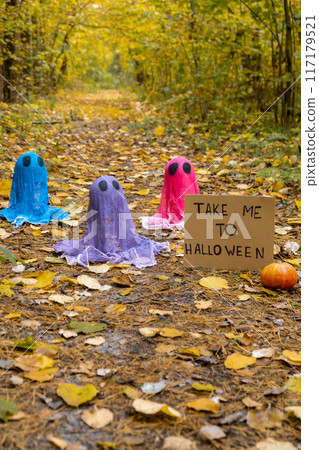 Creative handmade Halloween holiday decoration. Colorful ghost with cardboard TAKE ME TO HALLOWEEN text in autumn leaves forest. Zero waste homemade decor. Mystic place Creative handmade Halloween holiday decoration. Colorful ghost with cardboard TAKE ME TO HALLOWEEN text in autumn leaves forest. Zero waste homemade decor. Mystic place 117179521