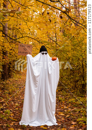 Happy Halloween holiday. Cute unrecognizable person holding cardboard with text TAKE ME TO HALLOWEEN and pumpkin in ghost costume on fall forest background. Creative costume with white and black cap 117179523