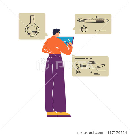 Vector illustration with a marine engineer working on diagrams of a ship, a submarine Vector illustration with a marine engineer working on diagrams of a ship, a submarine 117179524