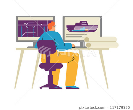 Vector illustration with a marine engineer working at a computer on ship diagrams Vector illustration with a marine engineer working at a computer on ship diagrams 117179530