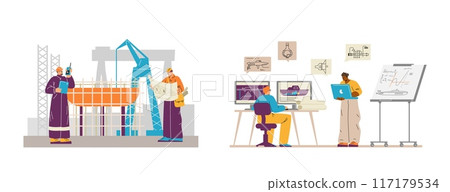 Marine engineer creating machinery construction on computer, shipbuilding mechanic staff, vessel technic crew vector set Marine engineer creating machinery construction on computer, shipbuilding mechanic staff, vessel technic crew vector set 117179534