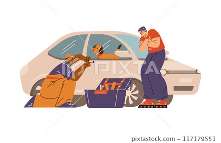 Locksmith opens the lock on the car door to free the dog. 117179551