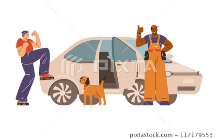 Professional locksmith worker unlocks the cars door lock fixed door, owner with dog are happy, vector lockpicker service Professional locksmith worker unlocks the cars door lock fixed door, owner with dog are happy, vector lockpicker service 117179553