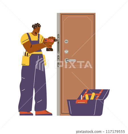 Vector illustration of a professional locksmith who repairs a door with a drill 117179555