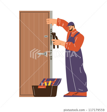 Repair and installation of a door lock by a locksmith. Isolated background. Repair and installation of a door lock by a locksmith. Isolated background. 117179559