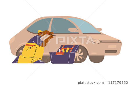 Locksmith repairing car locks - vector illustration on isolated background. 117179560