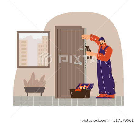 A detailed vector character who performs the installation of the door with a drill 117179561