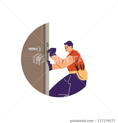 Professional locksmith worker repairing a door lock using special tools, repairman fixing, vector maintenance service 117179577