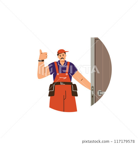 Professional locksmith worker fixed and unlocks the door lock, happy repairman shows thumbs up vector in round frame Professional locksmith worker fixed and unlocks the door lock, happy repairman shows thumbs up vector in round frame 117179578