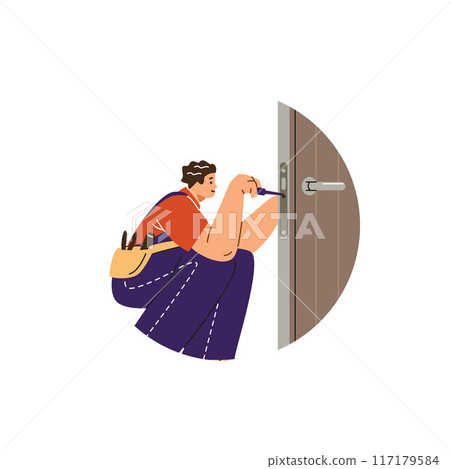 Vector illustration of a professional locksmith who repairs a door with a screwdriver 117179584