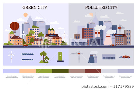 Eco friendly green city with parks, polluted city with factory plants smoking pipes, vector clean or dirty environment 117179589