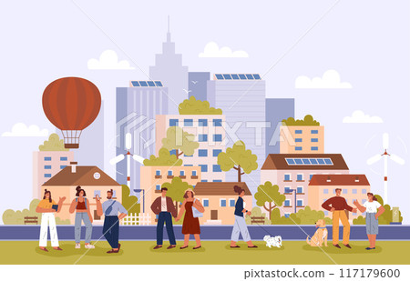 Eco friendly green city with skyscrapers and parks, vector happy people walking with pet, alternative energy solar panel 117179600