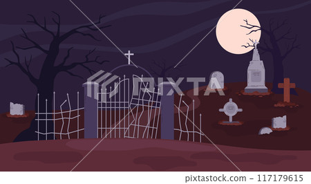 The illustration of a graveyard at night is perfect for Halloween cards. 117179615