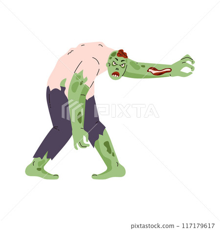 Creepy zombie man corpse, vector flat rotting cadaver, walking dead, cartoon dead human body Halloween monster 117179617