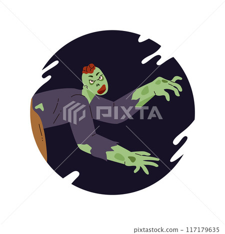 Creepy zombie man corpse, vector Halloween evil monster with brains falling out, Walking dead, human rotting cadaver 117179635