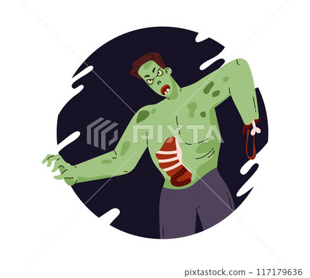 Creepy zombie man corpse, vector rotting cadaver guts falling out, walking dead, Halloween evil monster in round frame 117179636